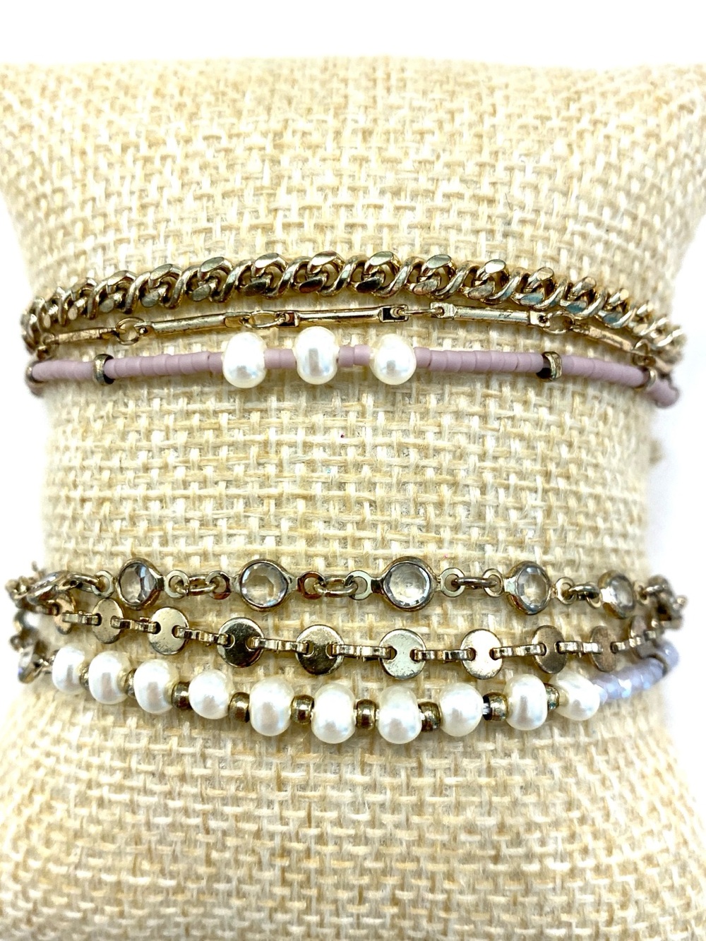 LOFT Set of Layered Bracelets in Lilac, White and Antique Gold Tones
